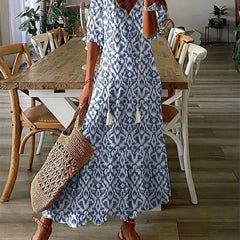 Women's Boho Dress | Midi Length V-Neck Lantern Sleeve Geometric Print