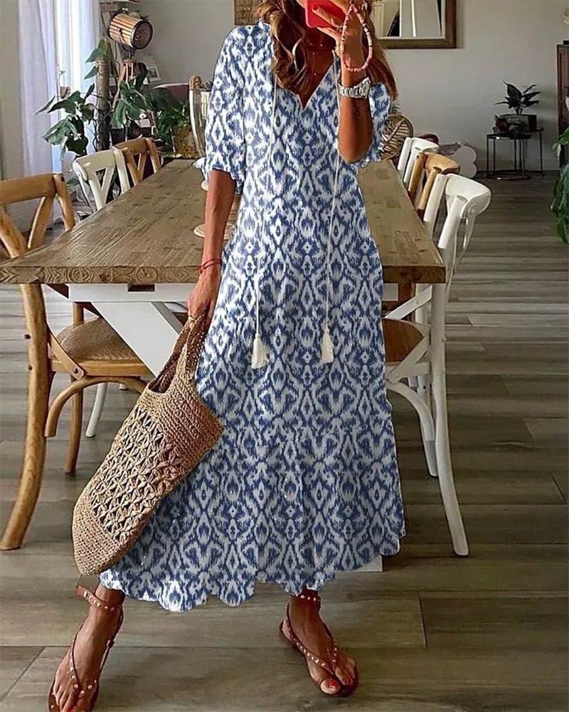 Women's Boho Dress | Midi Length V-Neck Lantern Sleeve Geometric Print