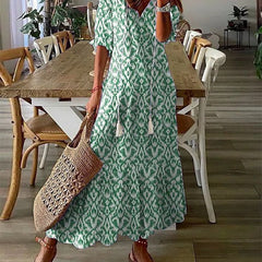 Women's Boho Dress | Midi Length V-Neck Lantern Sleeve Geometric Print