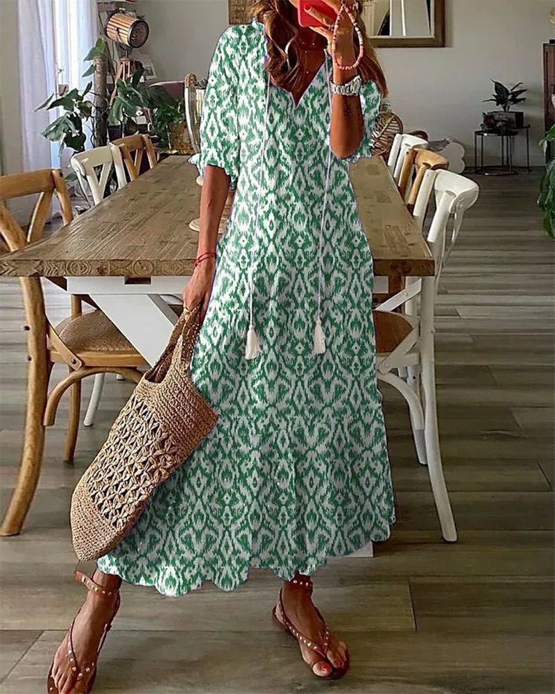 Women's Boho Dress | Midi Length V-Neck Lantern Sleeve Geometric Print