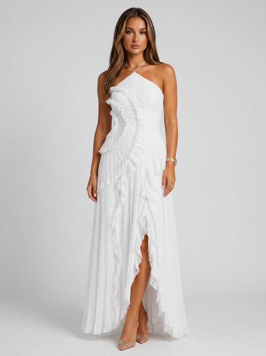 Women's Grad Dress | Halter Neckline Sleeveless Maxi Ruffle