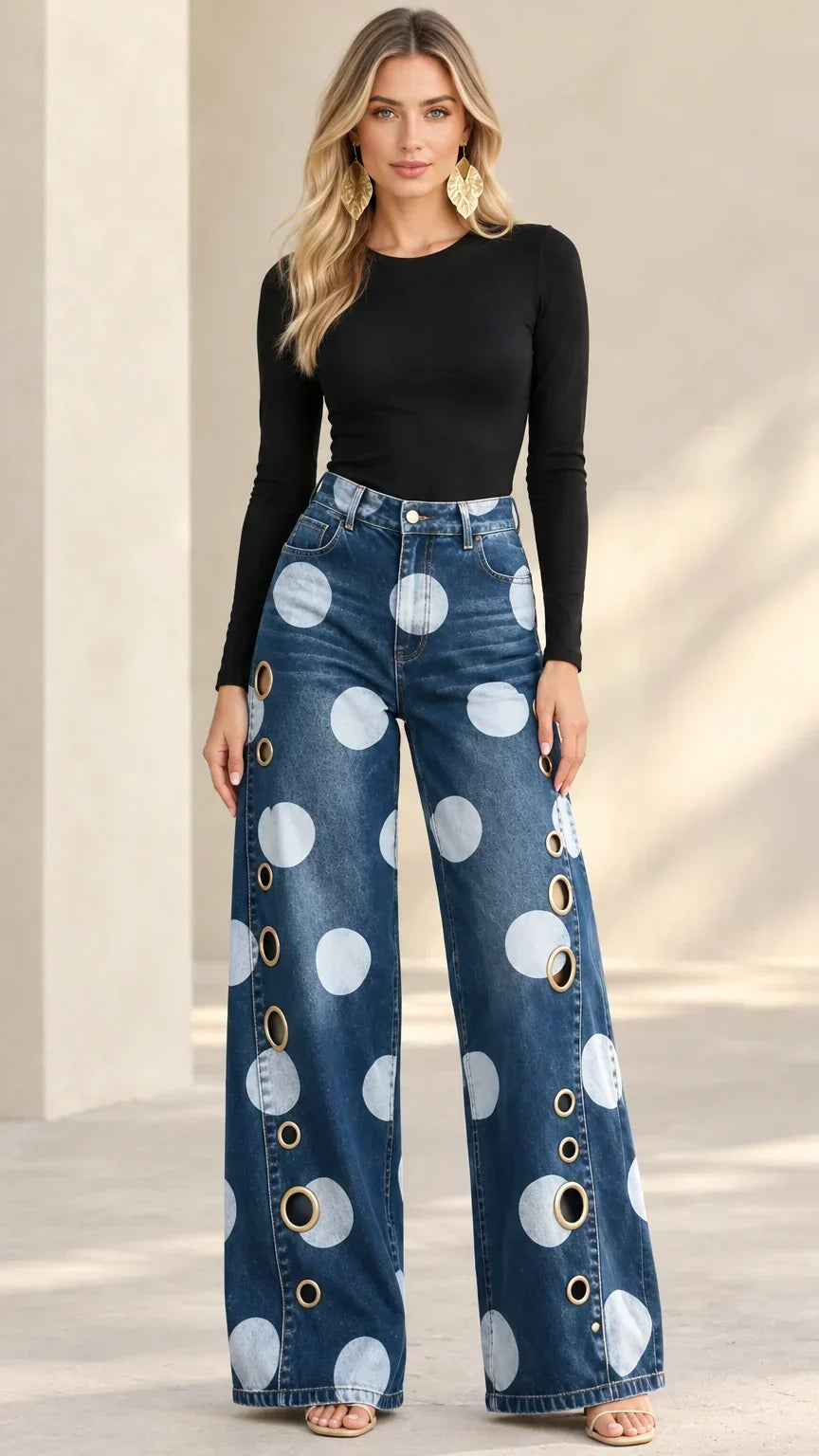 Women's Baggy Jeans | Wide-Leg Polka-Dot Denim High-Rise