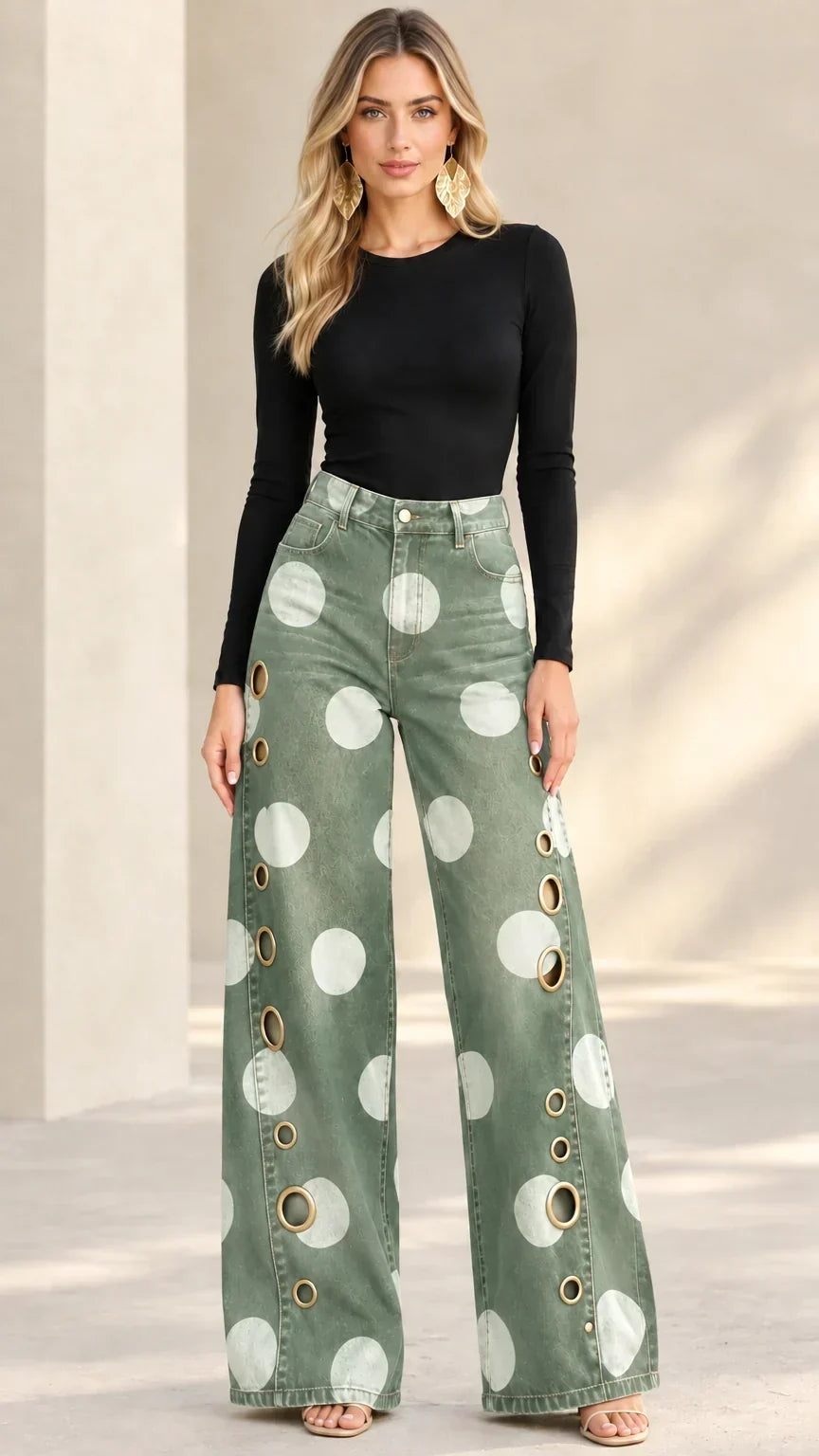 Women's Baggy Jeans | Wide-Leg Polka-Dot Denim High-Rise