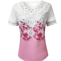 Women's Lace Top | Scalloped Neckline Short Sleeve Floral