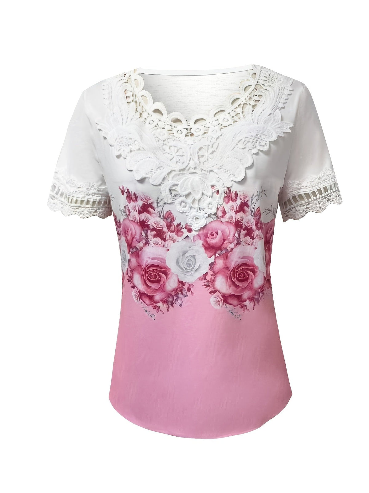 Women's Lace Top | Scalloped Neckline Short Sleeve Floral