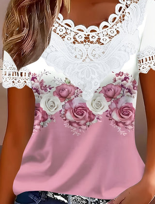 Women's Lace Top | Scalloped Neckline Short Sleeve Floral