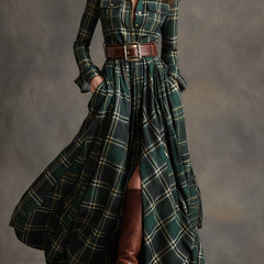 Women's Plaid Dress | Collared Long Sleeve Belted