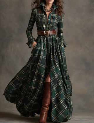 Women's Plaid Dress | Collared Long Sleeve Belted