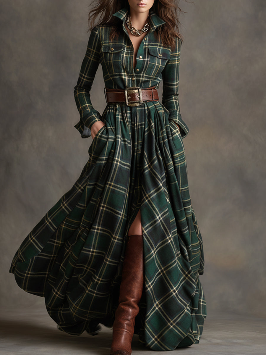 Women's Plaid Dress | Collared Long Sleeve Belted