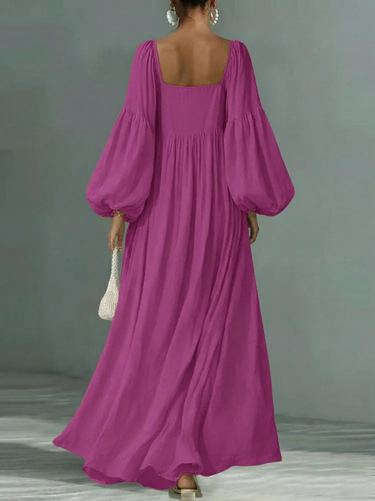 Women's Flowy Maxi Dress | Square Neckline Puff Sleeve Maxi