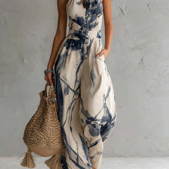 Women's Jumpsuit | Halter Neckline Wide Leg Abstract Print