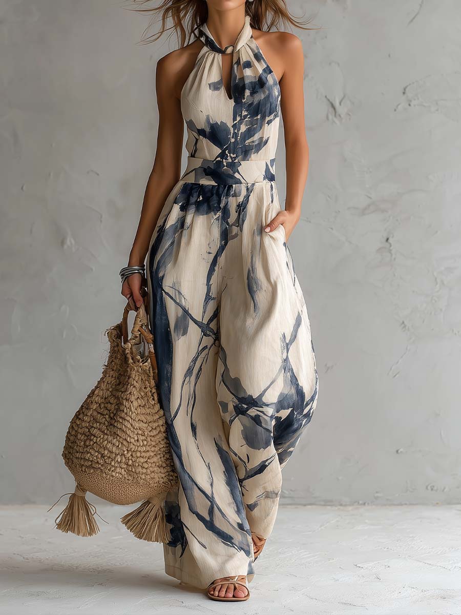 Women's Jumpsuit | Halter Neckline Wide Leg Abstract Print