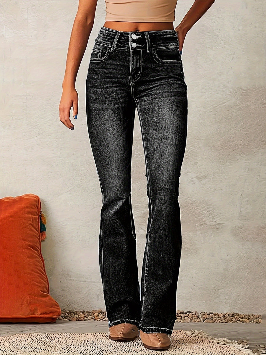 Women's Black Jeans | High-Waisted Wide-Leg Denim Button Closure