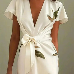 Women's Beach Dress | V Neckline Wrap Tie Botanical Print