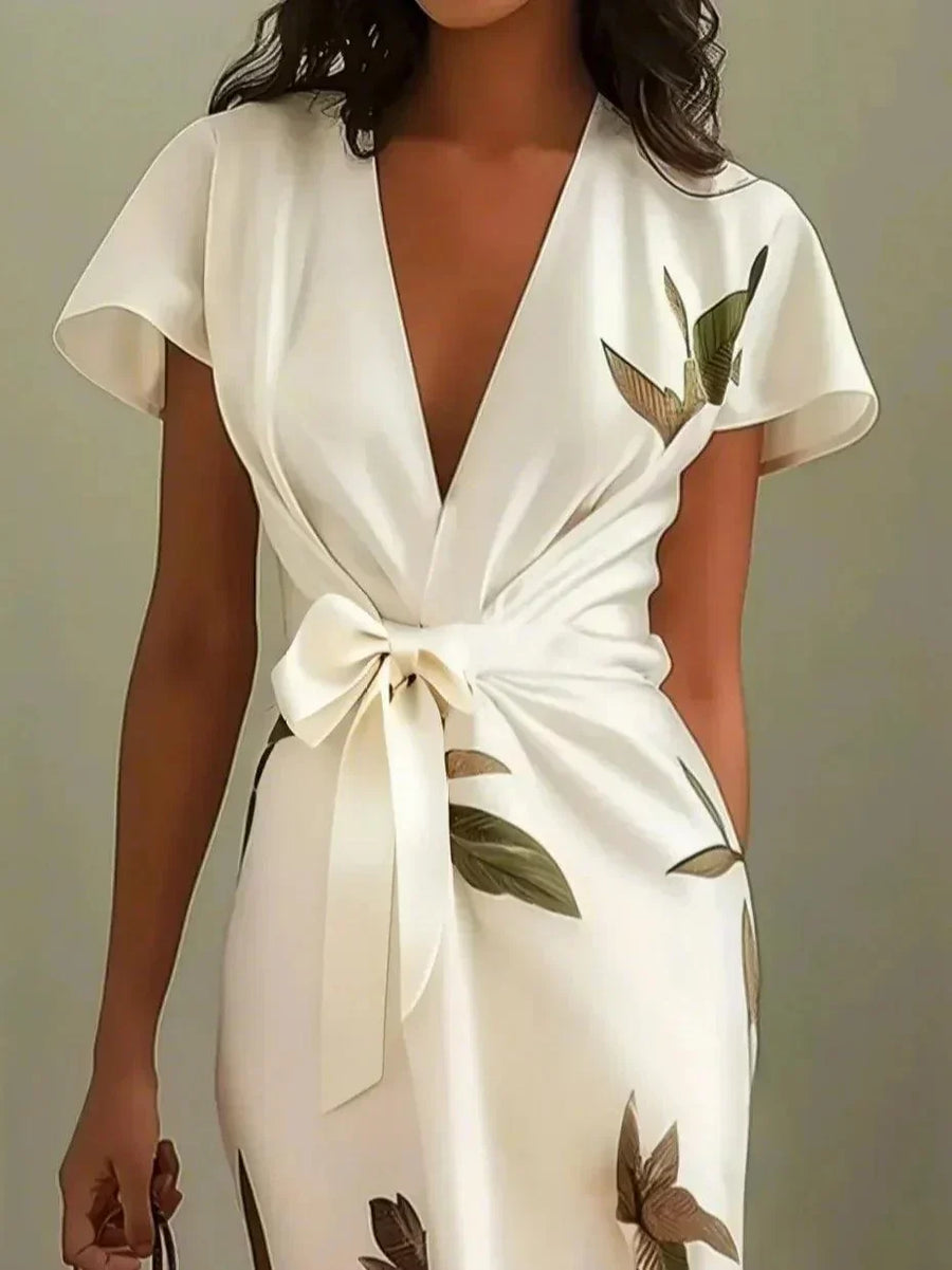 Women's Beach Dress | V Neckline Wrap Tie Botanical Print