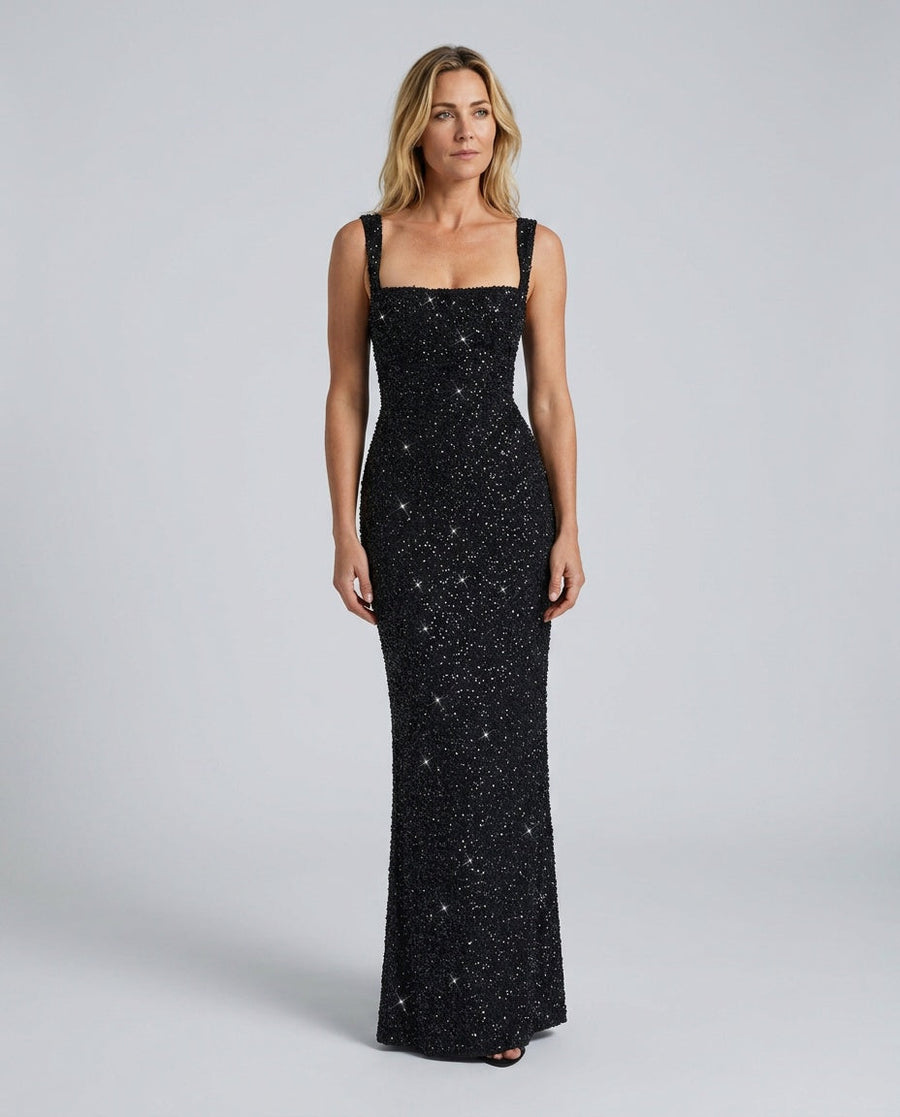 Women's Work Xmas Party Dress | Maxi Square Neck Sleeveless Sequin