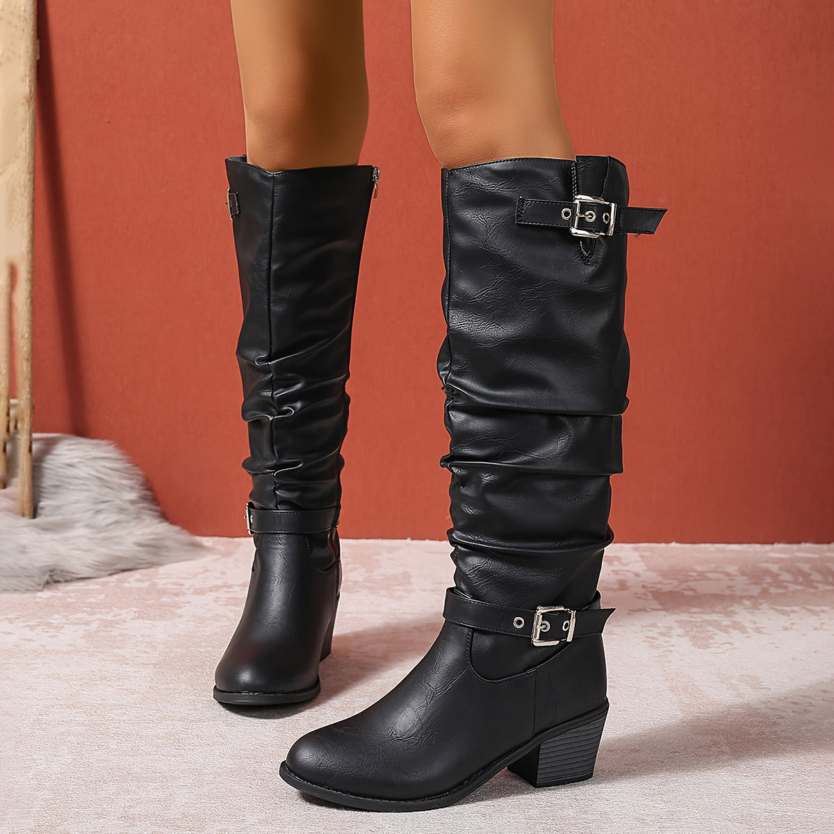 Women's Slouch Boots | Knee High Block Heel Buckle