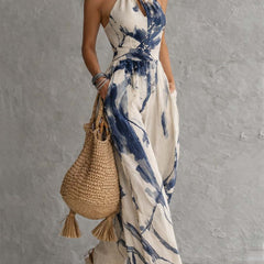 Women's Jumpsuit | Halter Neckline Wide Leg Abstract Print
