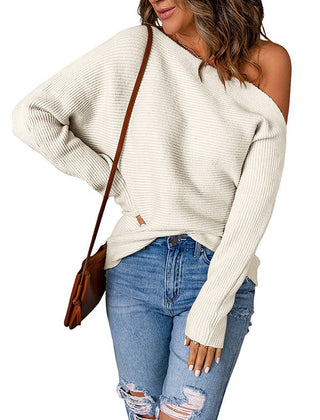 Women's Off The Shoulder Sweater | Ribbed Knit Long Sleeve Cold Shoulder