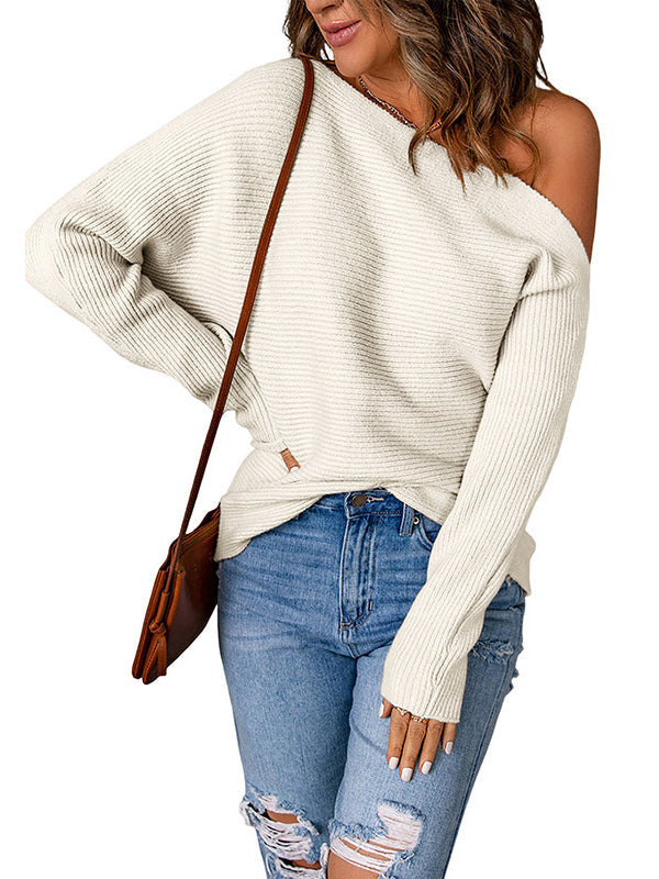 Women's Off The Shoulder Sweater | Ribbed Knit Long Sleeve Cold Shoulder