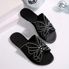 Women's Black Sandals | Butterfly Cutout Rhinestone Detail Slide Flat