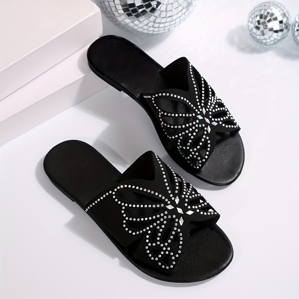 Women's Black Sandals | Butterfly Cutout Rhinestone Detail Slide Flat