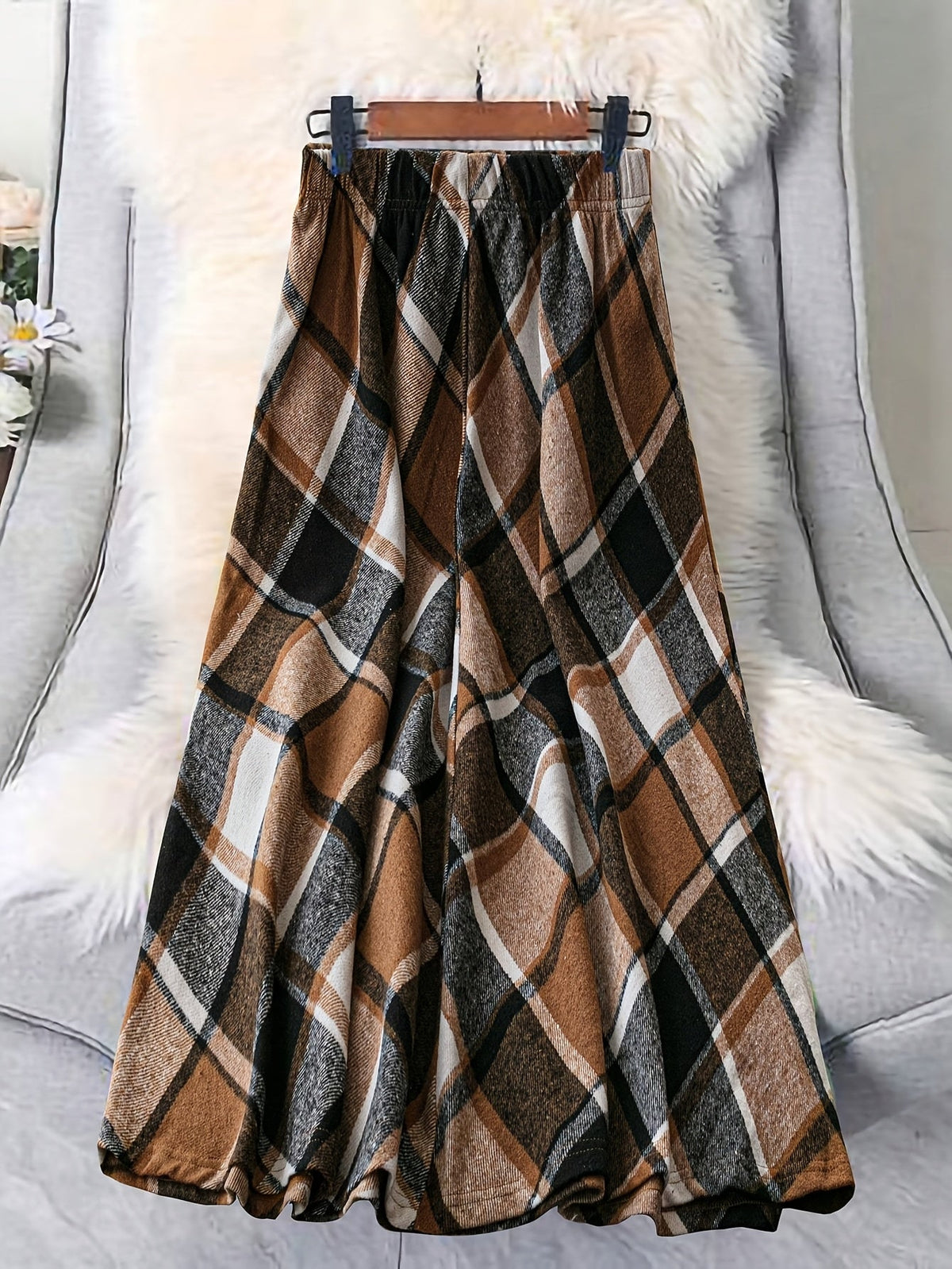 Women's Long Skirt | Maxi Plaid Wool A-Line Flared