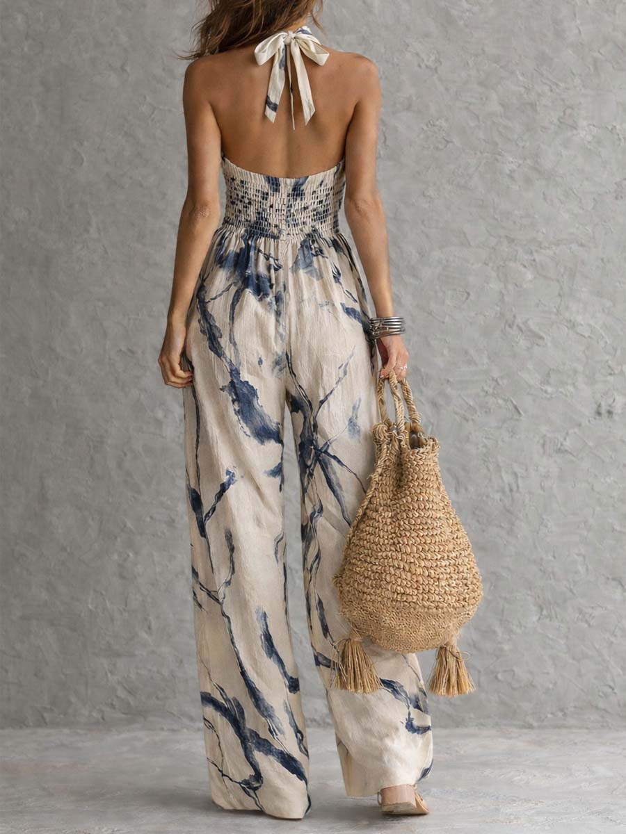 Women's Jumpsuit | Halter Neckline Wide Leg Abstract Print