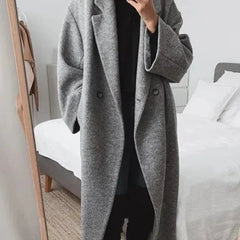 Women's Long Coat | Double-Breasted Notched Lapel Wool Relaxed Fit