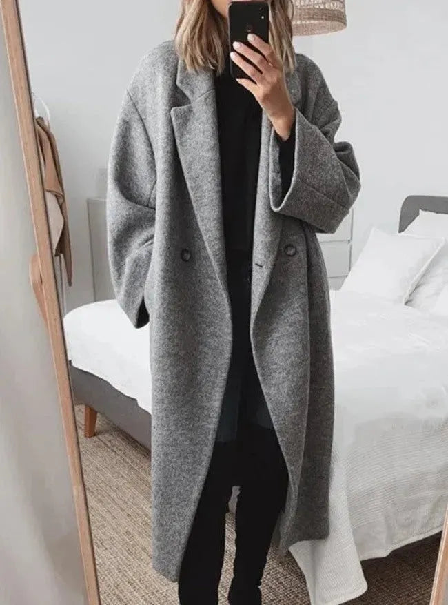 Women's Long Coat | Double-Breasted Notched Lapel Wool Relaxed Fit
