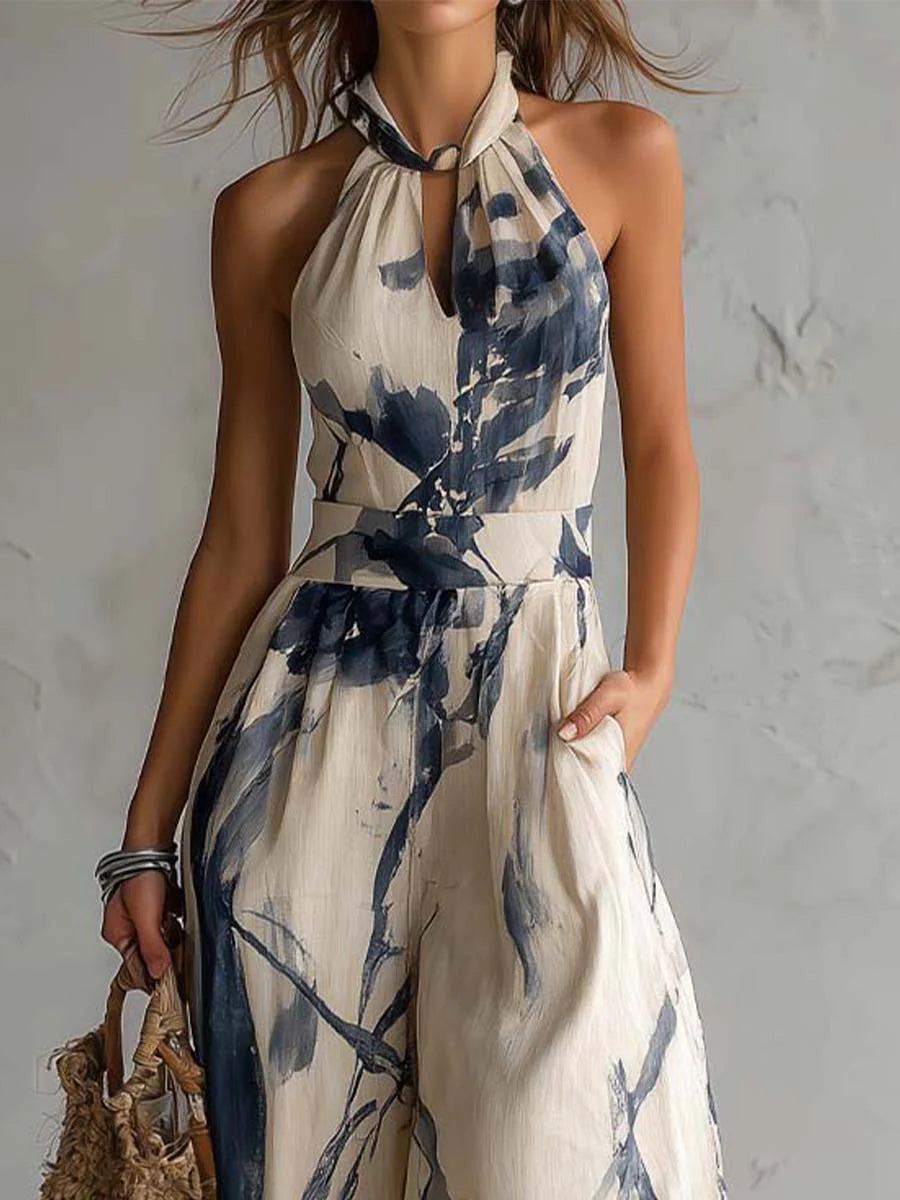 Women's Jumpsuit | Halter Neckline Wide Leg Abstract Print