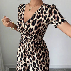 Women's Jumpsuit | Wrap Neckline Wide Leg Leopard Print