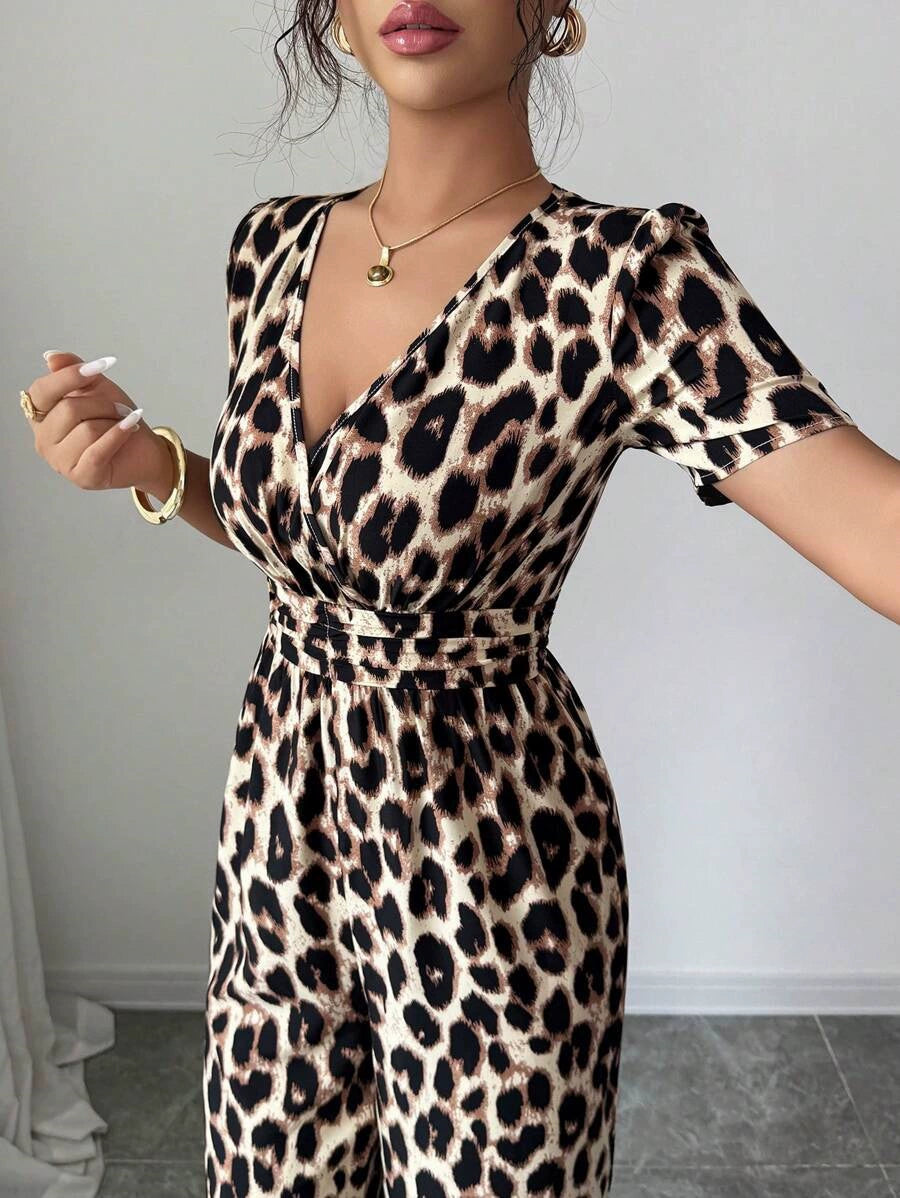 Women's Jumpsuit | Wrap Neckline Wide Leg Leopard Print
