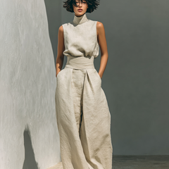 Women's Linen Pants | High Neck Sleeveless Turtleneck Pleated Wide Leg
