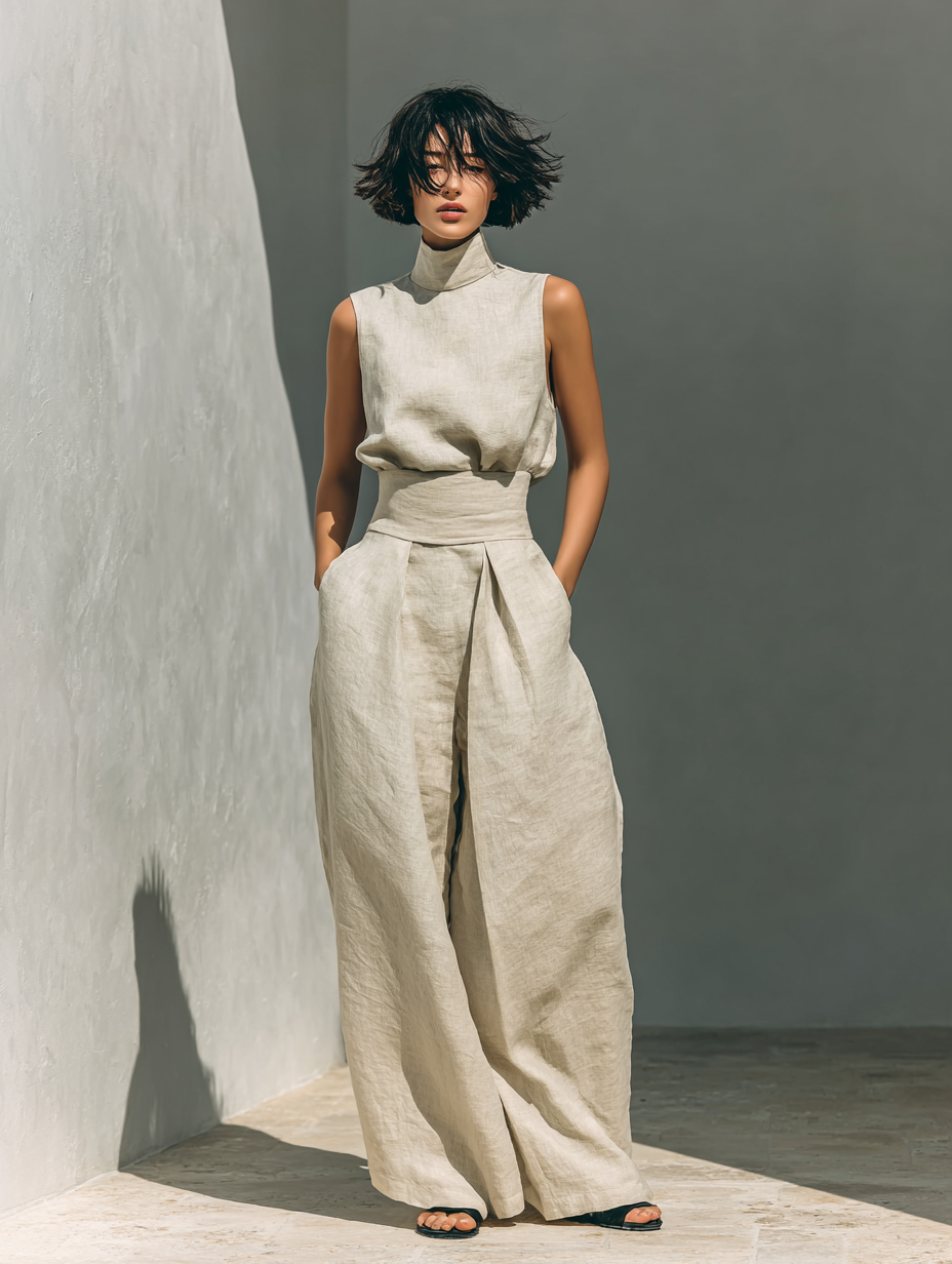 Women's Linen Pants | High Neck Sleeveless Turtleneck Pleated Wide Leg