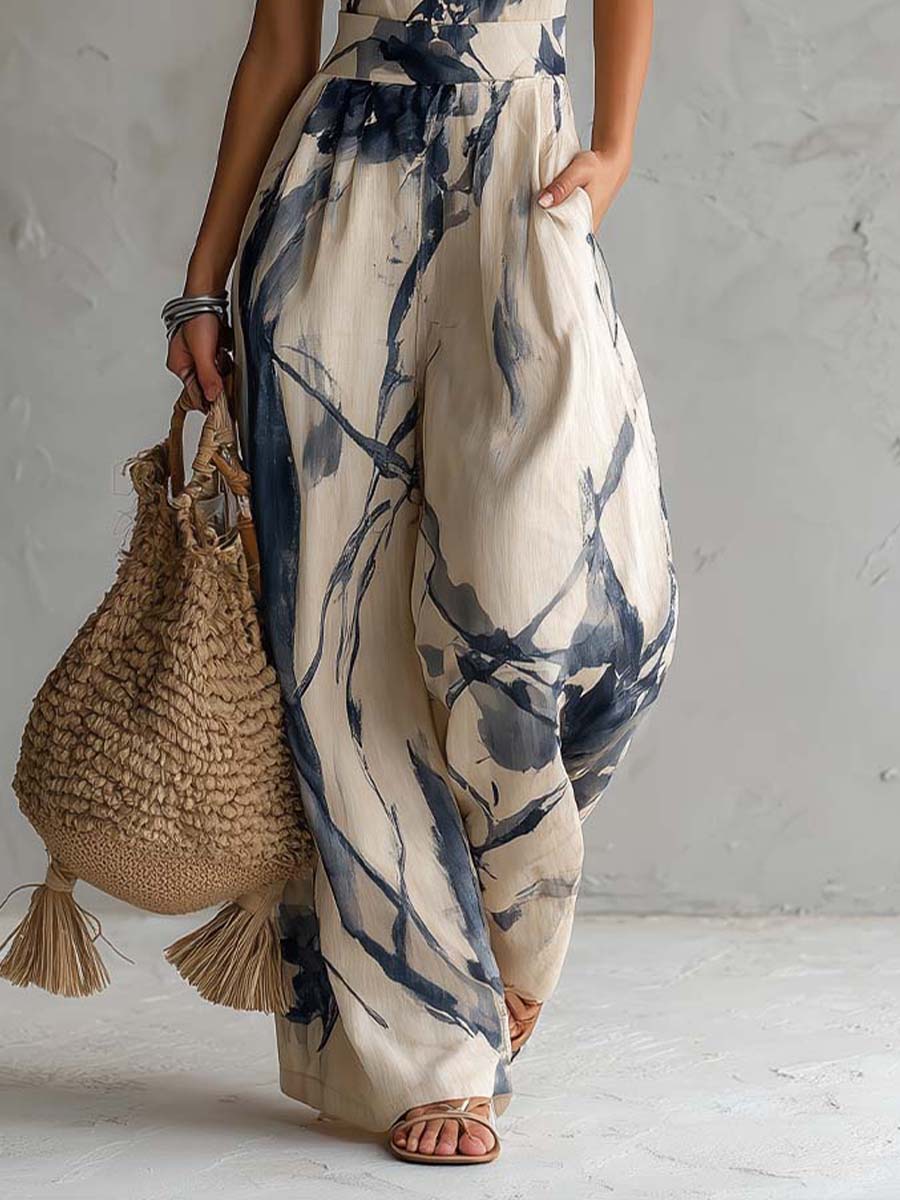 Women's Jumpsuit | Halter Neckline Wide Leg Abstract Print
