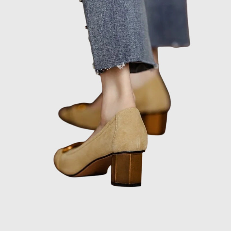 Women's High Heels | Suede Buckle Closure Block Heel Square Toe
