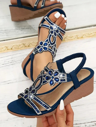 Women's Wedge | Open Toe Slingback Rhinestone Embellished