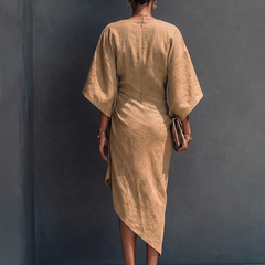 Women's Linen Midi Dress | Midi Asymmetric Draped Round Neck