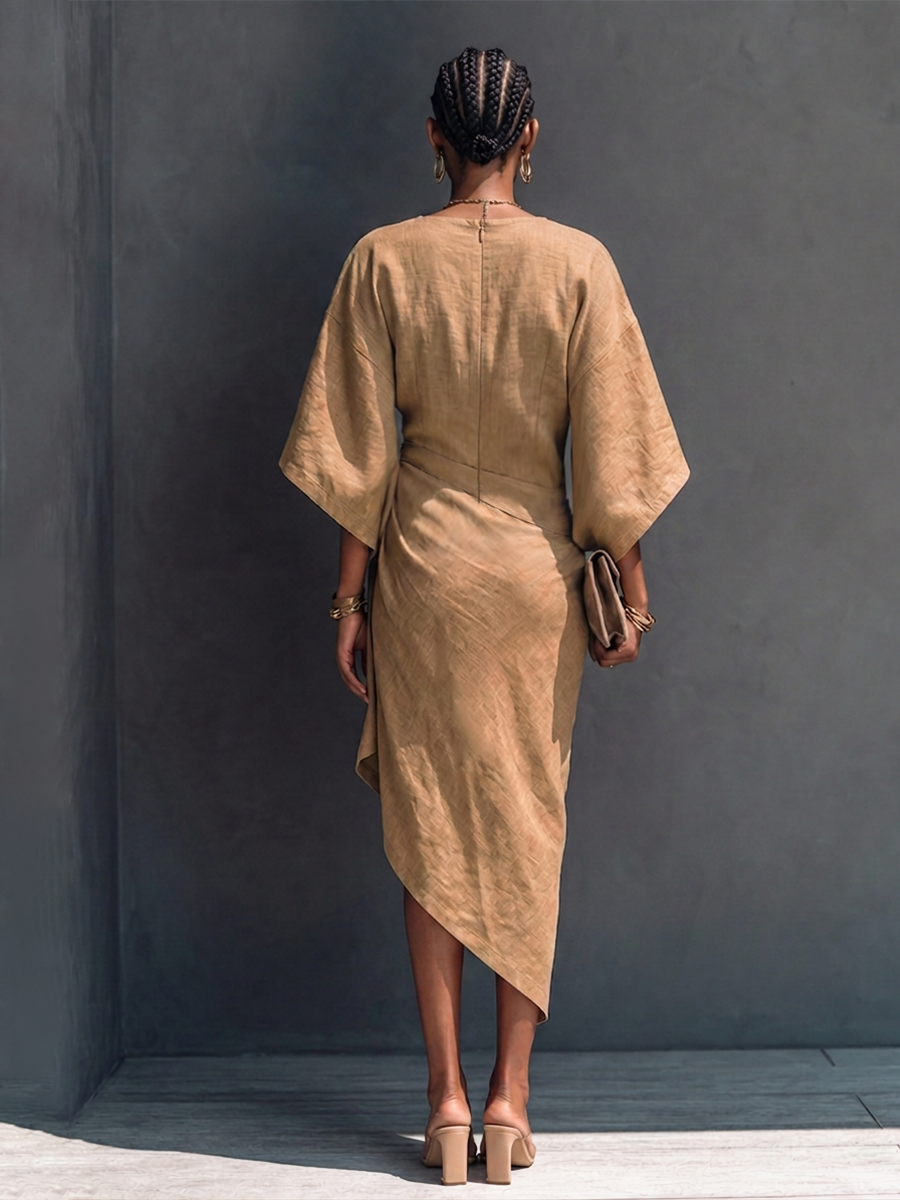 Women's Linen Midi Dress | Midi Asymmetric Draped Round Neck