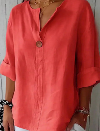 Women's Linen Top | V-Neck Button Closure Three-Quarter Sleeve