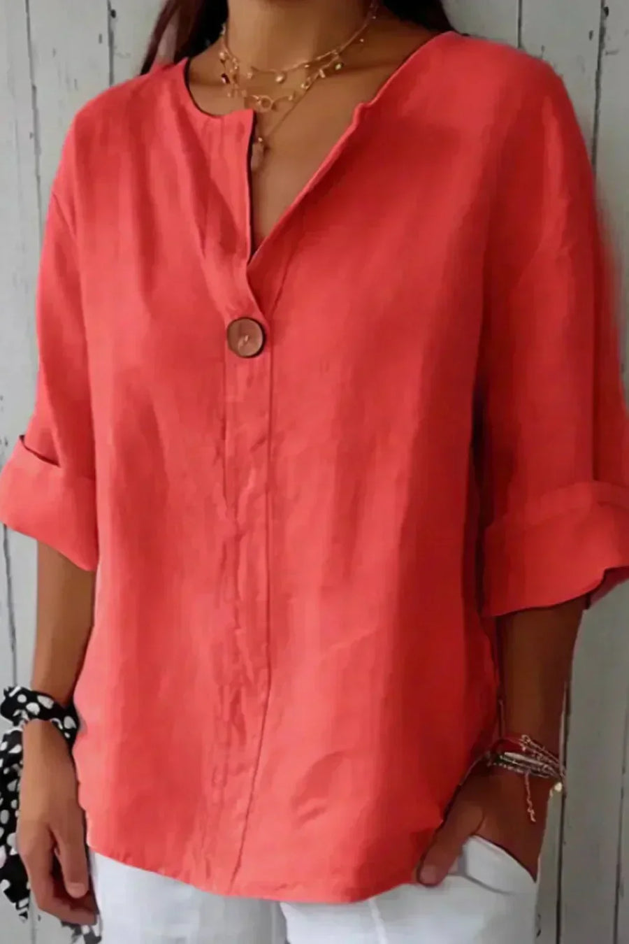 Women's Red Top | V-Neck Button Three-Quarter Sleeve