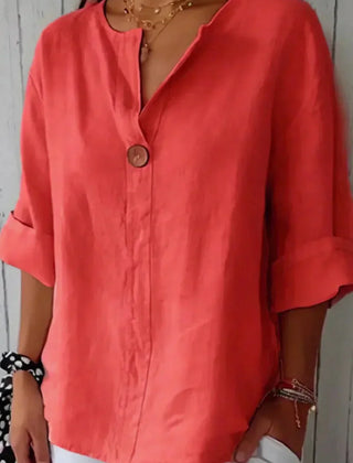 Women's White Top | V-Neck Button Relaxed Linen