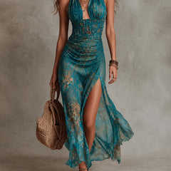 Women's Smocked Dress | Halter Neck Maxi High Slit Mesh