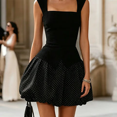 Women's Two Piece Skirt Set | Square Neck Sleeveless Polka Dot