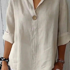 Women's Linen Top | V-Neck Button Closure Three-Quarter Sleeve