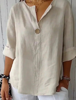 Women's Linen Top | V-Neck Button Closure Three-Quarter Sleeve