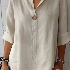 Women's White Top | V-Neck Button Relaxed Linen