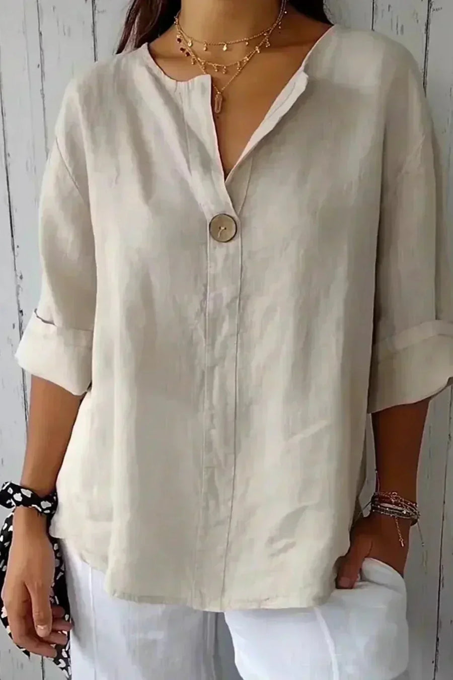 Women's Red Top | V-Neck Button Three-Quarter Sleeve