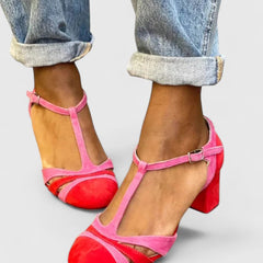 Women's Heels | T-Strap Chunky Heel Closed Toe Buckle